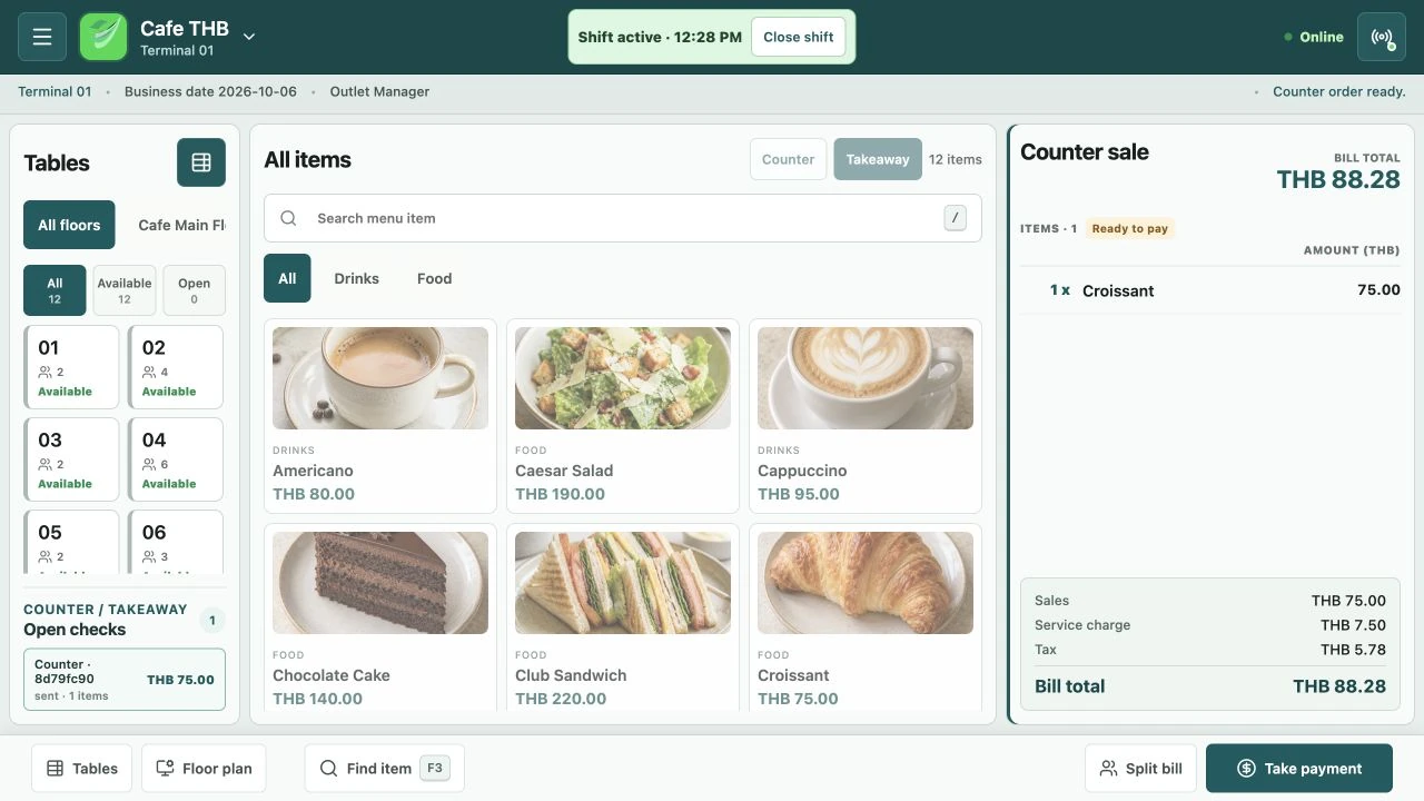 AverySoft POS demonstration showing tables, menu items and a counter-sale bill.
