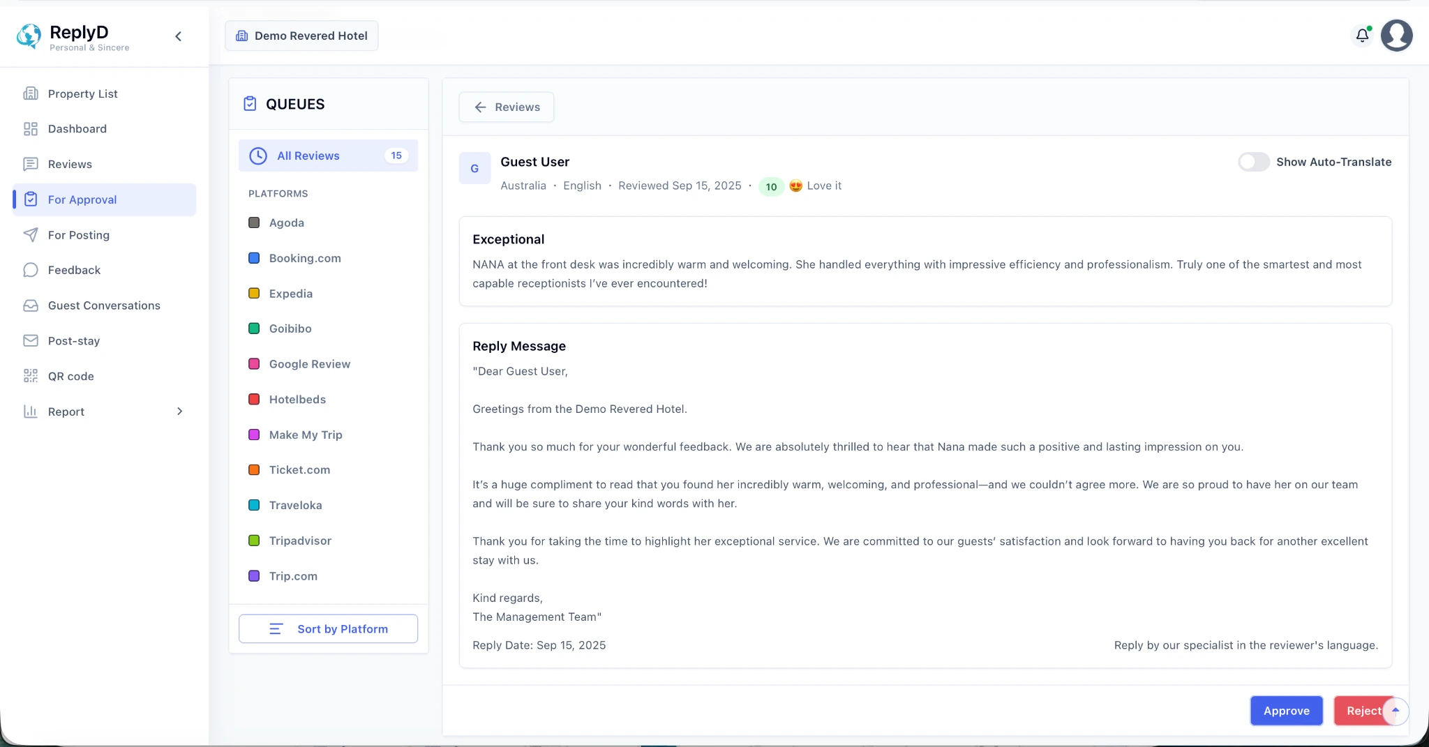 ReplyD approval workspace with review queues, a guest review, reply message and Approve or Reject actions.